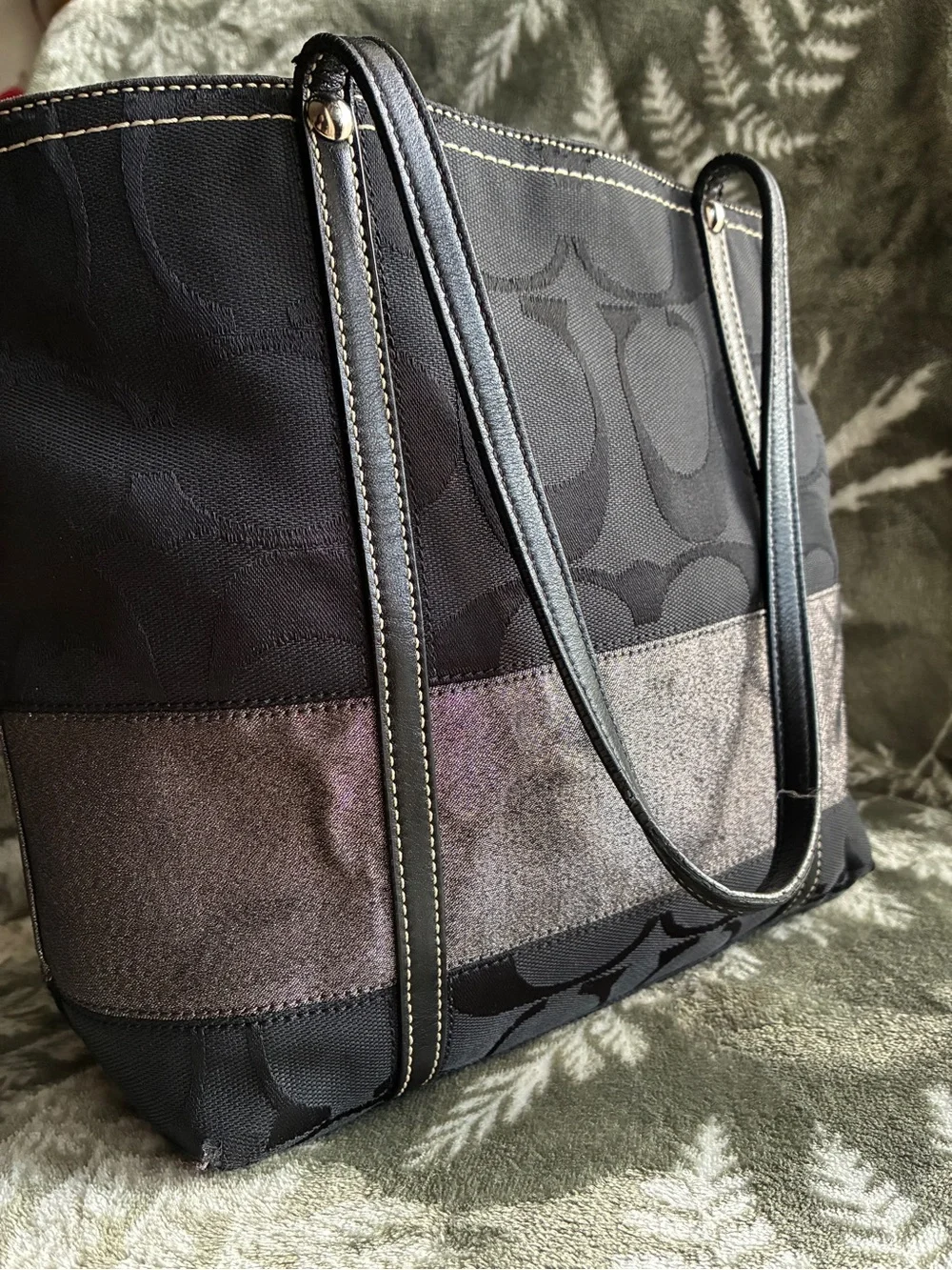 Coach Black Tote with Gray Stripe and Leather Trim